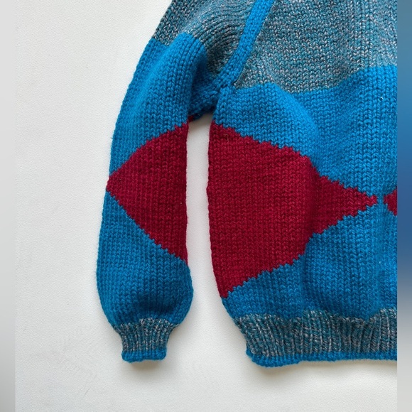 Retro Vibe Hand-knit Crewneck Sweater Blue/Burgundy - Size 3-4T - Picture 2 of 4